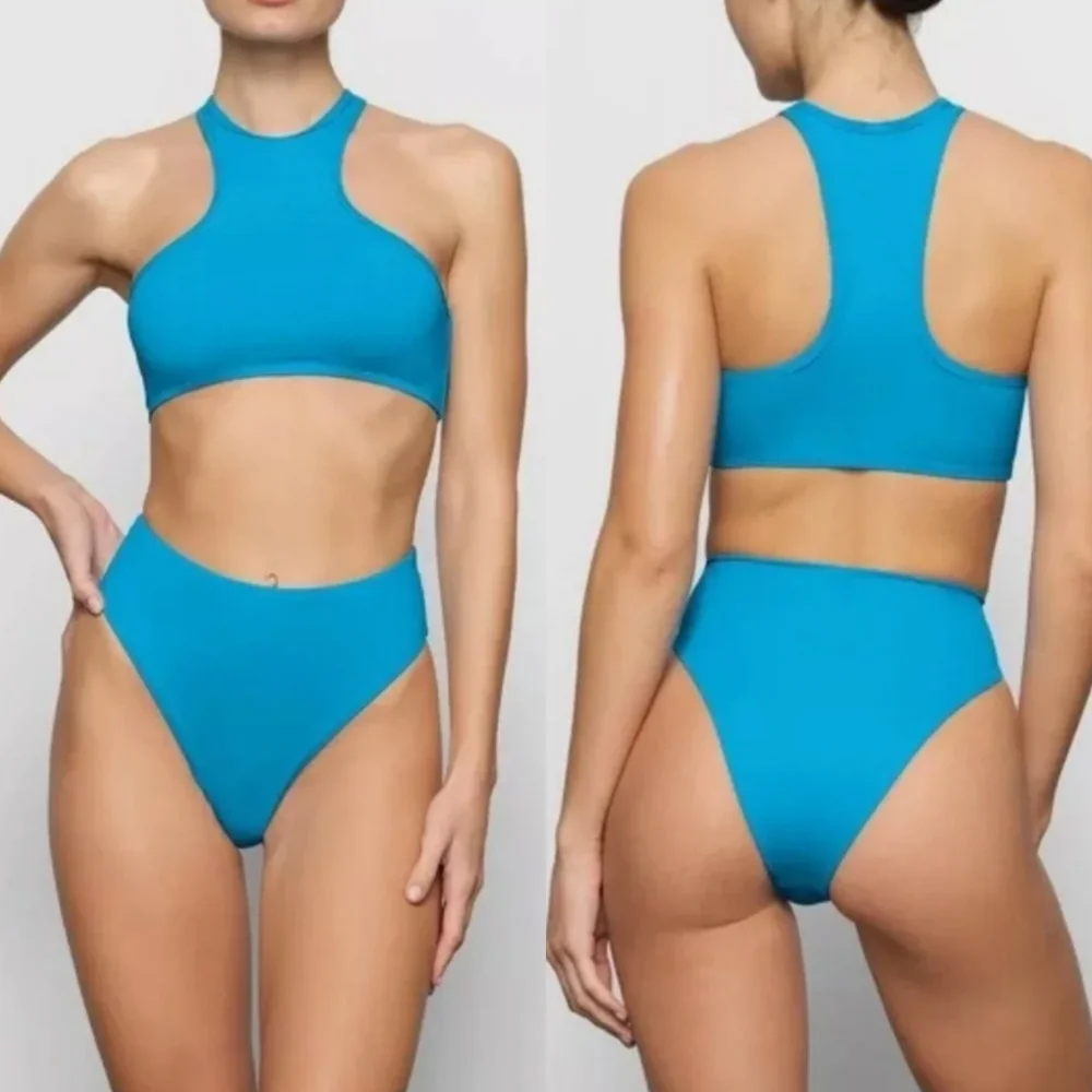 Skims High Neck Racerback Bikini Crop Top Swimwear NWT Turquoise Resort Vacay